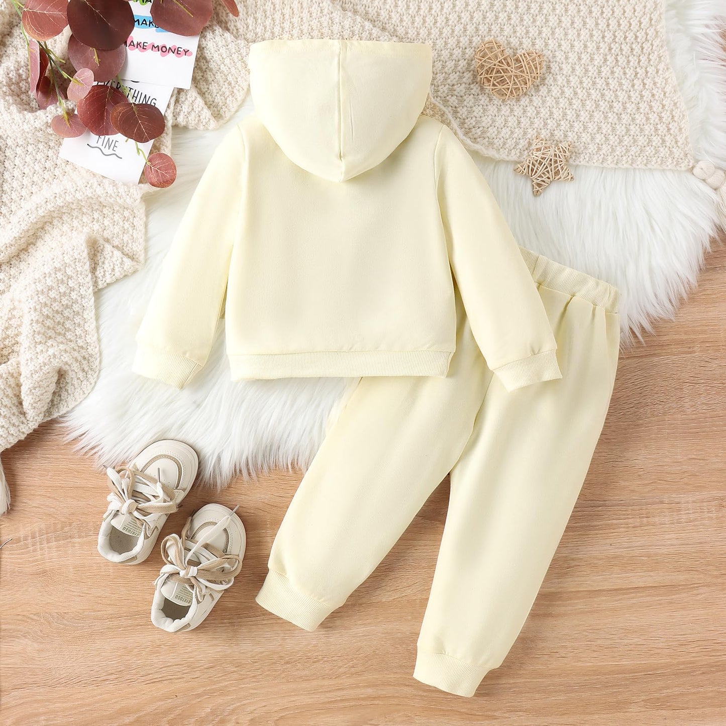 Happy Town Toddler Fall Outfits For Girl Boy Long Sleeve Hoodie Top And Long Sweatpants Set Toddler Sweatsuit (Solid Color-Ivory