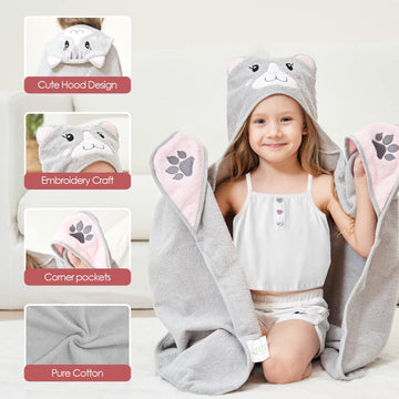 Style Quarters Kids Hooded Bath Towel, Large Kids Bath Towels, Cartoon Cat Kids Beach Towels, 100% Cotton Terry Toddler Hooded B