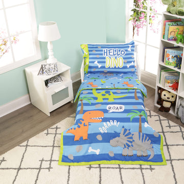 Everyday Kids 4 Piece Toddler Bedding Set - Roaring Dinosaurs - Includes Comforter, Flat Sheet, Fitted Sheet And Reversible Pill