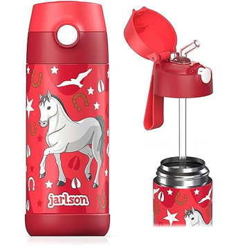Jarlson Kids Water Bottle With Straw - Charli - Insulated Stainless Steel Water Bottle - Thermos - Girlsboys (Horse Star, 12 Oz)