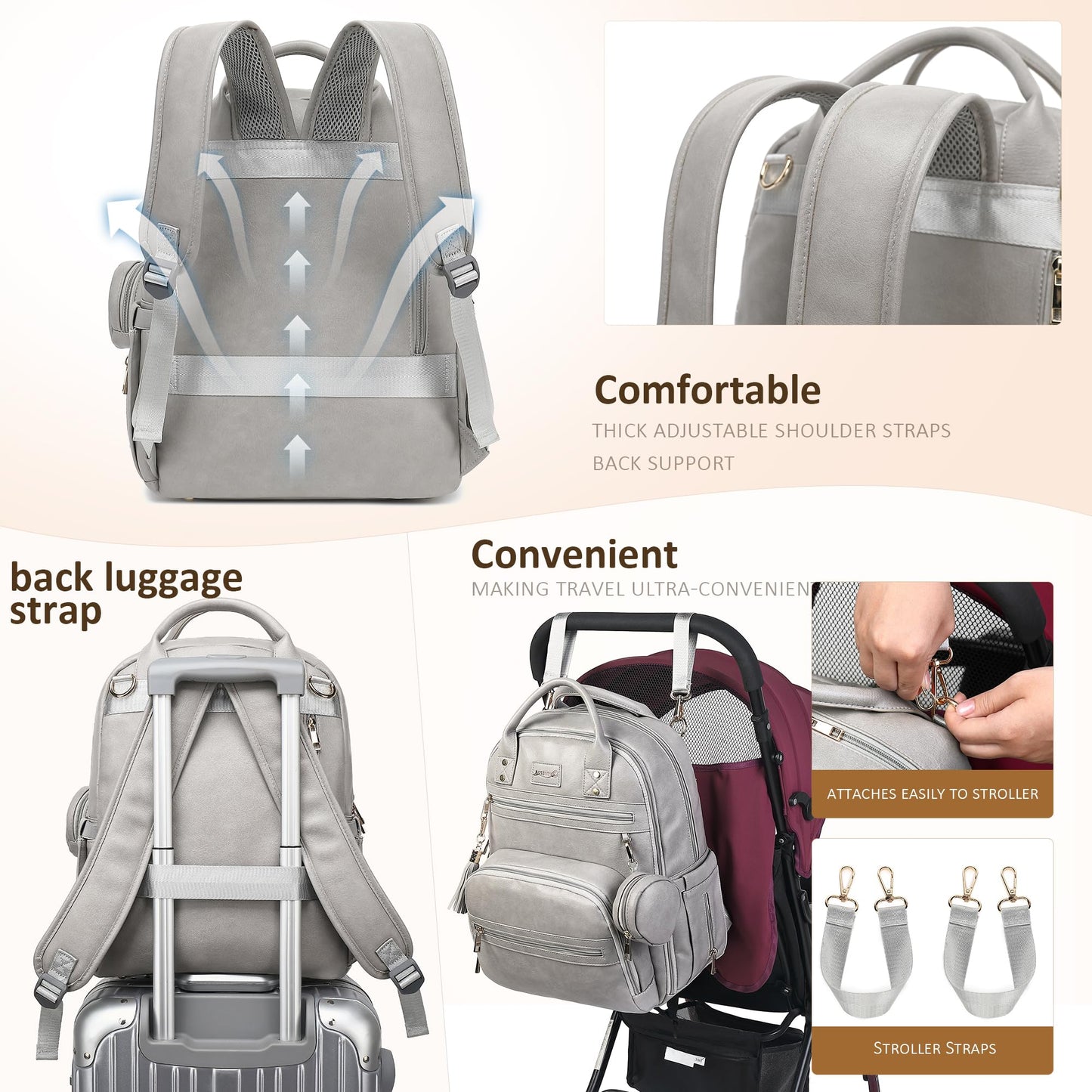 Rosegin Vegan Leather Diaper Bag Backpack For Boy Girl With Changing Pad And Pacifier Case, Waterproof, Travel Baby Bag Backpack