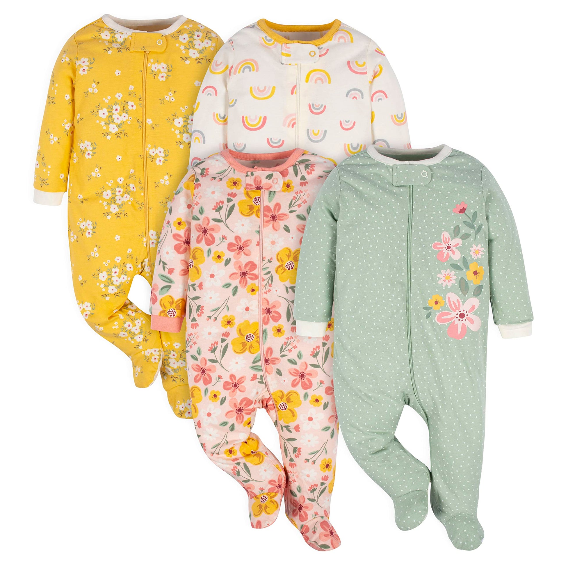 Gerber Baby Girls 4 Pack Sleep N Play Footie Golden Floral 0-3 Months