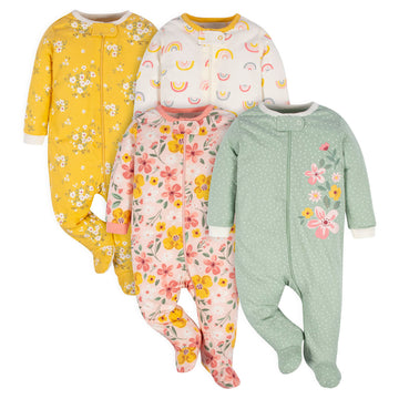 Gerber Baby Girls 4 Pack Sleep N Play Footie Golden Floral 0-3 Months