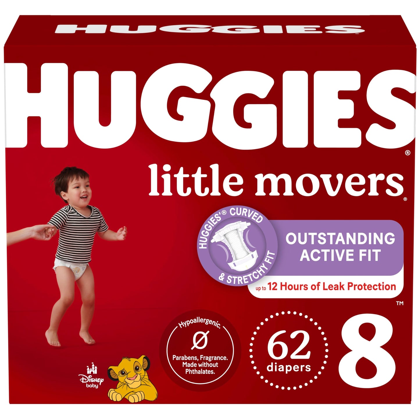 Huggies Size 8 Diapers, Little Movers Baby Diapers, Size 8 (46+ Lbs), 62 Count