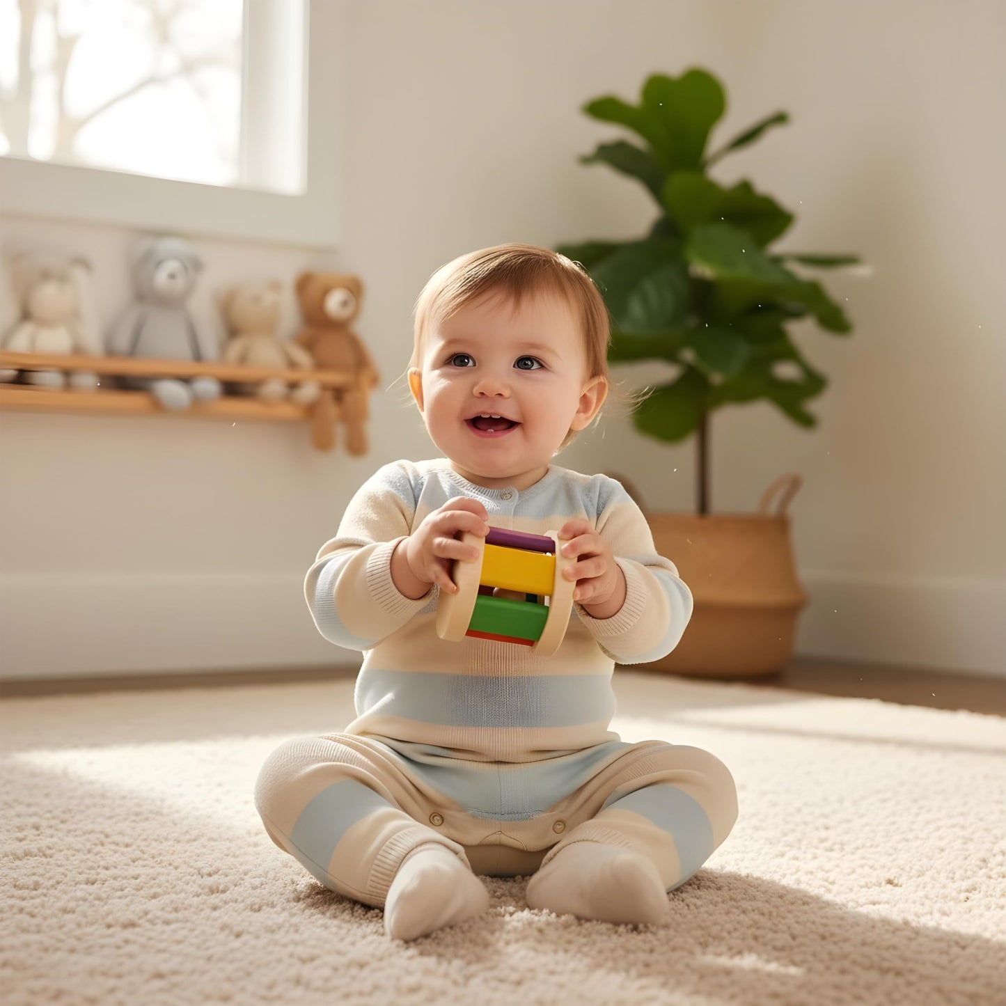 PlanToys Wooden Roller Rattle Toy for Babies | Montessori Baby Sensory Toy with Gentle Sound | Eco-Friendly Crawling & Motor Ski