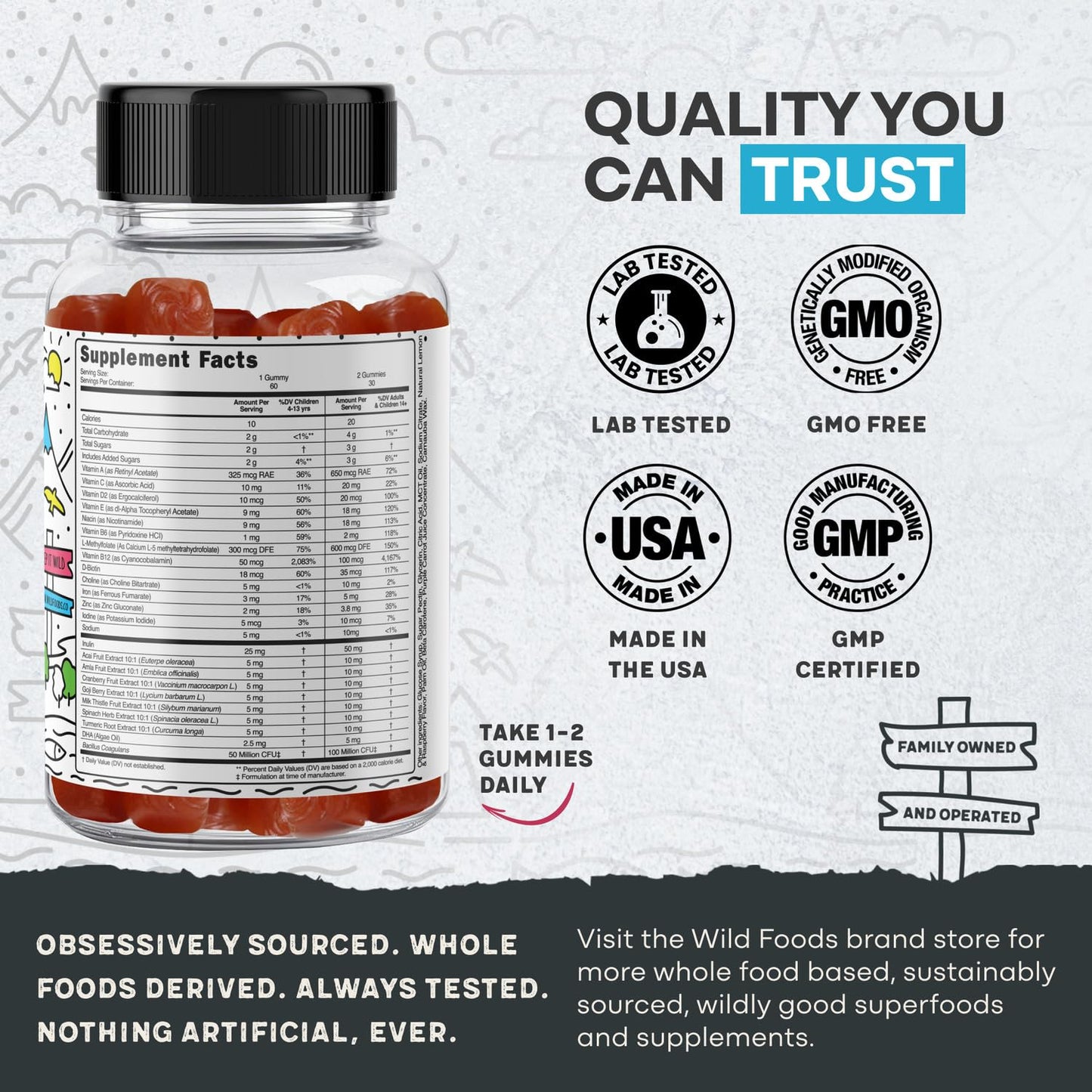 Wild Foods Kids Multivitamin Gummies - Natural Skin, Immune & Bones Support With Kids Vitamins A, C, D, E, B12, Iron & Dha - Pro
