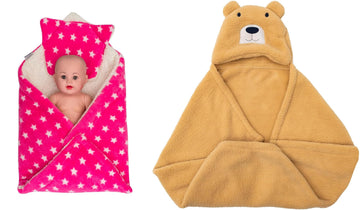 CTMKIDS Baby Wrap with Cushion Cap for Kids 74x84 cm  Pink & Baby Hooded Cum Wrap Blanket for Kids 92x66 cm  Camel