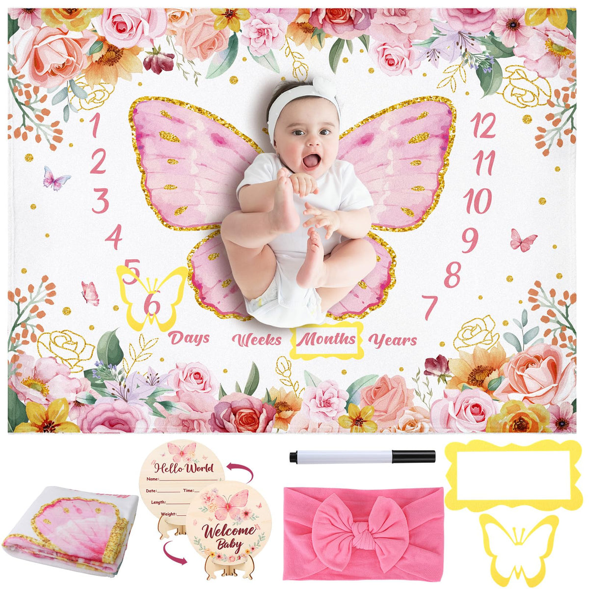 GGSTDDUP Butterfly Milestone Blanket for Baby Girls, Floral Monthly Baby Growth Blanket Newborn Photography Background with Wood