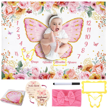 GGSTDDUP Butterfly Milestone Blanket for Baby Girls, Floral Monthly Baby Growth Blanket Newborn Photography Background with Wood