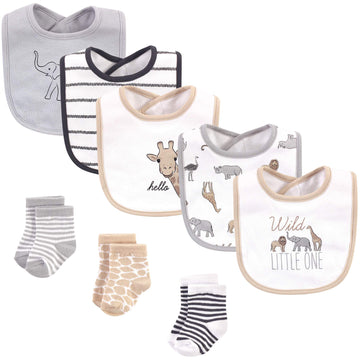 Hudson Baby Unisex Baby Cotton Bib And Sock Set, Modern Safari Animals, One Size