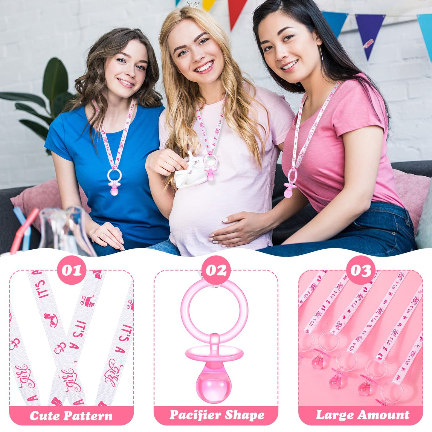 Coume 36 Pcs Baby Shower Pacifiers Necklace Acrylic Baby Pacifiers Party Favors Charm Necklace For Girls Boys Shower Party Decor