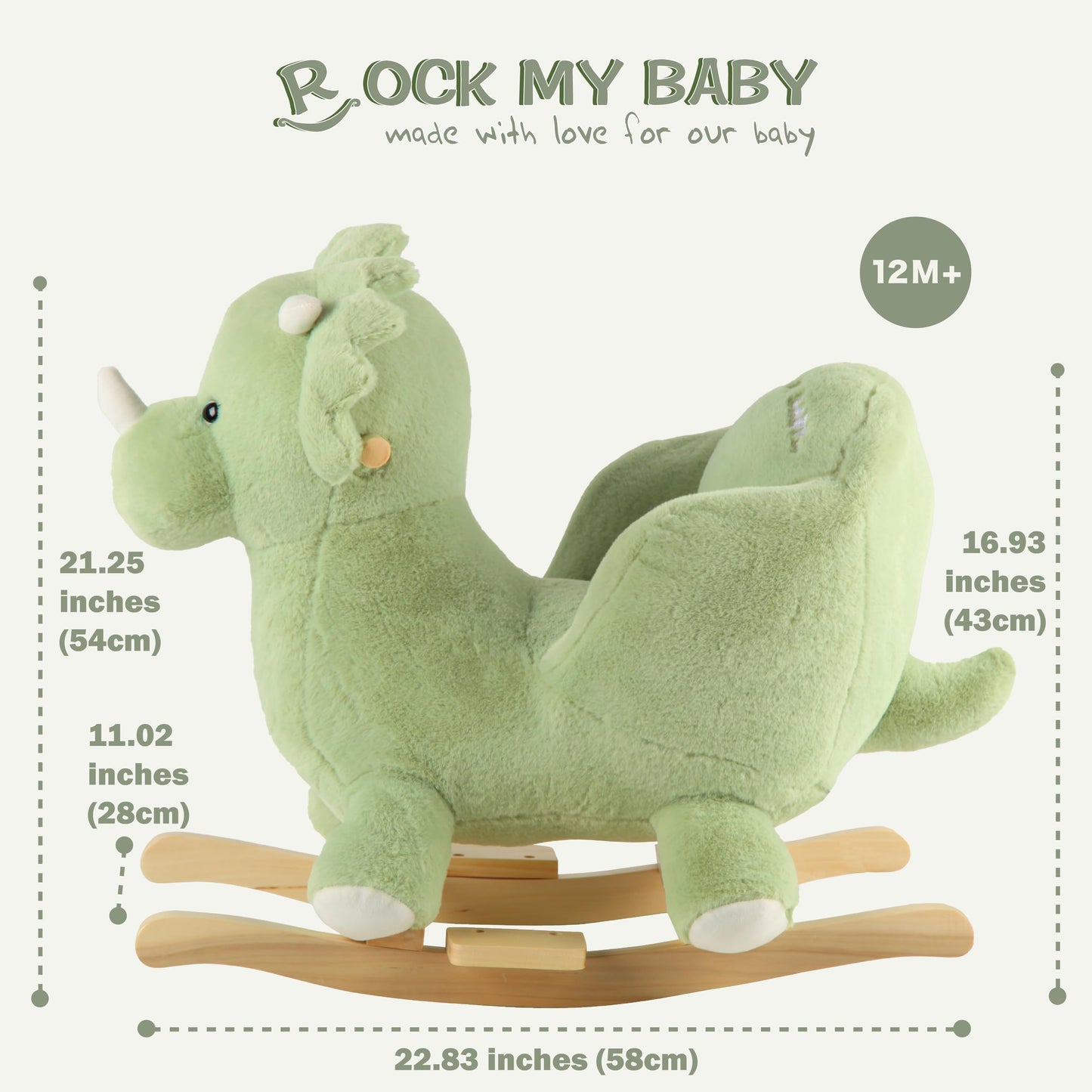 Rock My Baby Rocking Horse Green Dinosaur with Chair, Plush Stuffed Animal Rocker, Baby Rocker with Sweet Music, Wooden Rocking