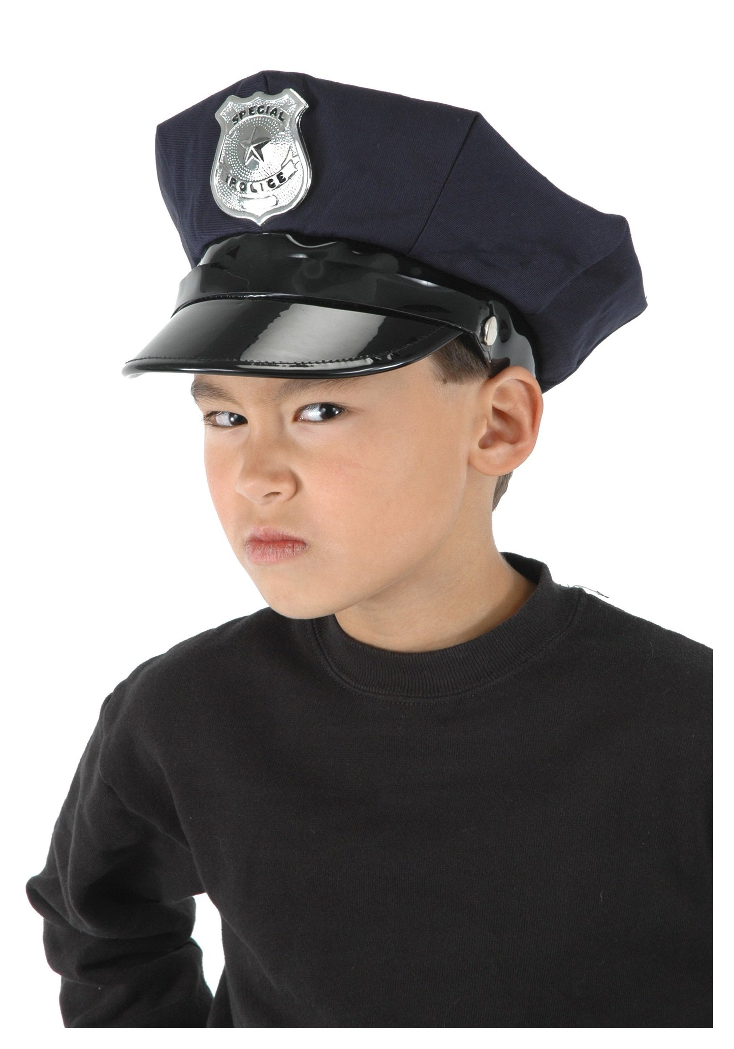 Elope Kid'S Police Hat With Silver Badge - Navy Blue Polyester Dress Up Cop, Adjustable Vinyl Brim, Costume Accessory Standard