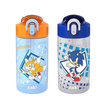 Zak Designs Sonic The Hedgehog Kids Water Bottle For School Or Travel, 16Oz 2-Pack Durable Plastic Water Bottle With Straw, Hand