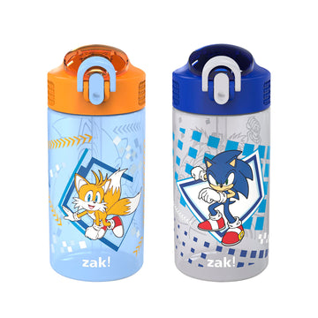 Zak Designs Sonic The Hedgehog Kids Water Bottle For School Or Travel, 16Oz 2-Pack Durable Plastic Water Bottle With Straw, Hand
