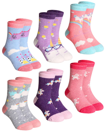 Childrens Winter Warm Wool Solid Color Socks Kids Boy Girls Thermal Crew Socks 6 Pairs(Unicorn C, 4-7 Years)