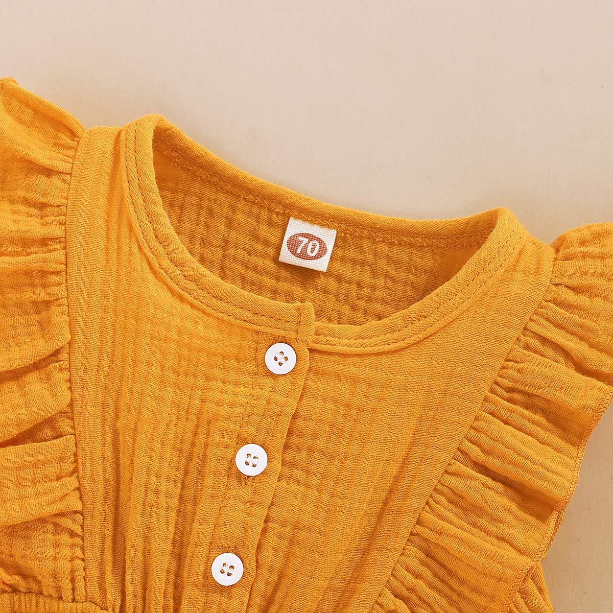 Younger Tree Toddler Baby Girl Ruffled Sleeveless Romper Casual Summer Jumpsuit Cotton Linen Clothes (Button-Yellow, 6-12 Months