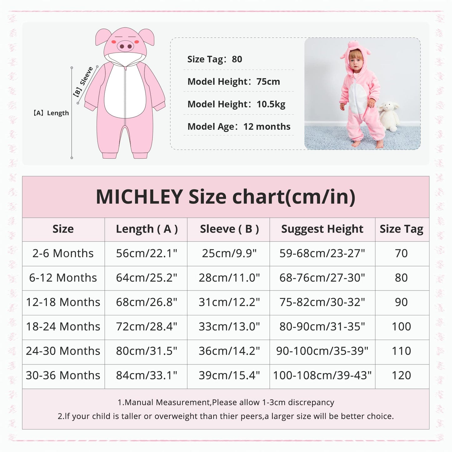 Michley Baby Romper Winter Flannel Newborn Infant Jumpsuit Outfit Animal Cosplay Halloween Costume, Pink Pig, 6-12 Months, Size