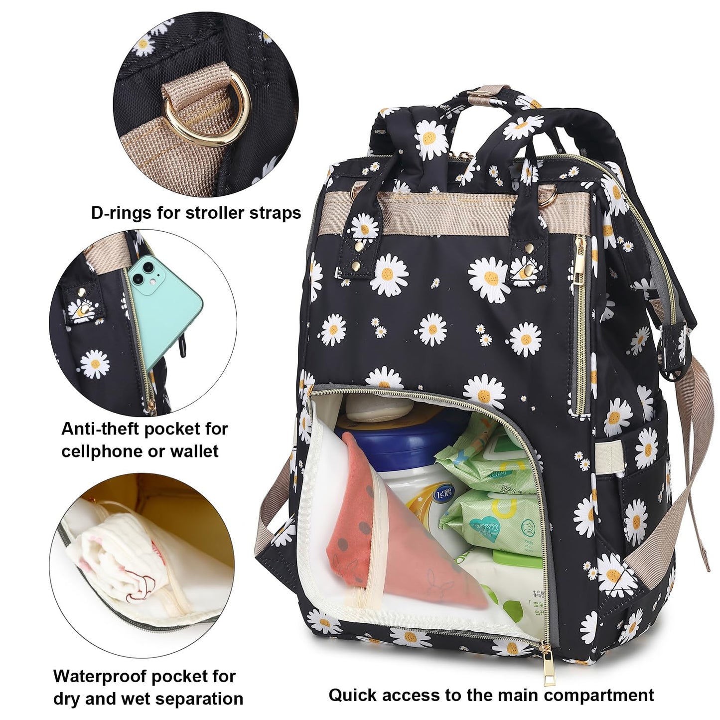 Xunteny Daisy Baby Diaper Bag Backpack For Girls Boys, Waterproof Large Maternity Nappy Bags For Mom (Black)
