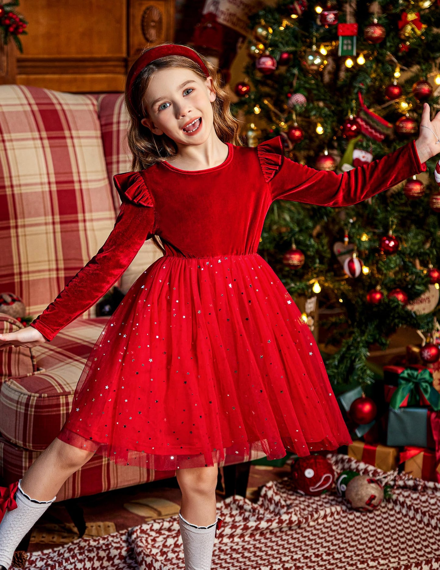 Arshiner Girls Christmas Dress Velvet Tutu Long Sleeve Winter Holiday Valentines Outfit Red Size 7