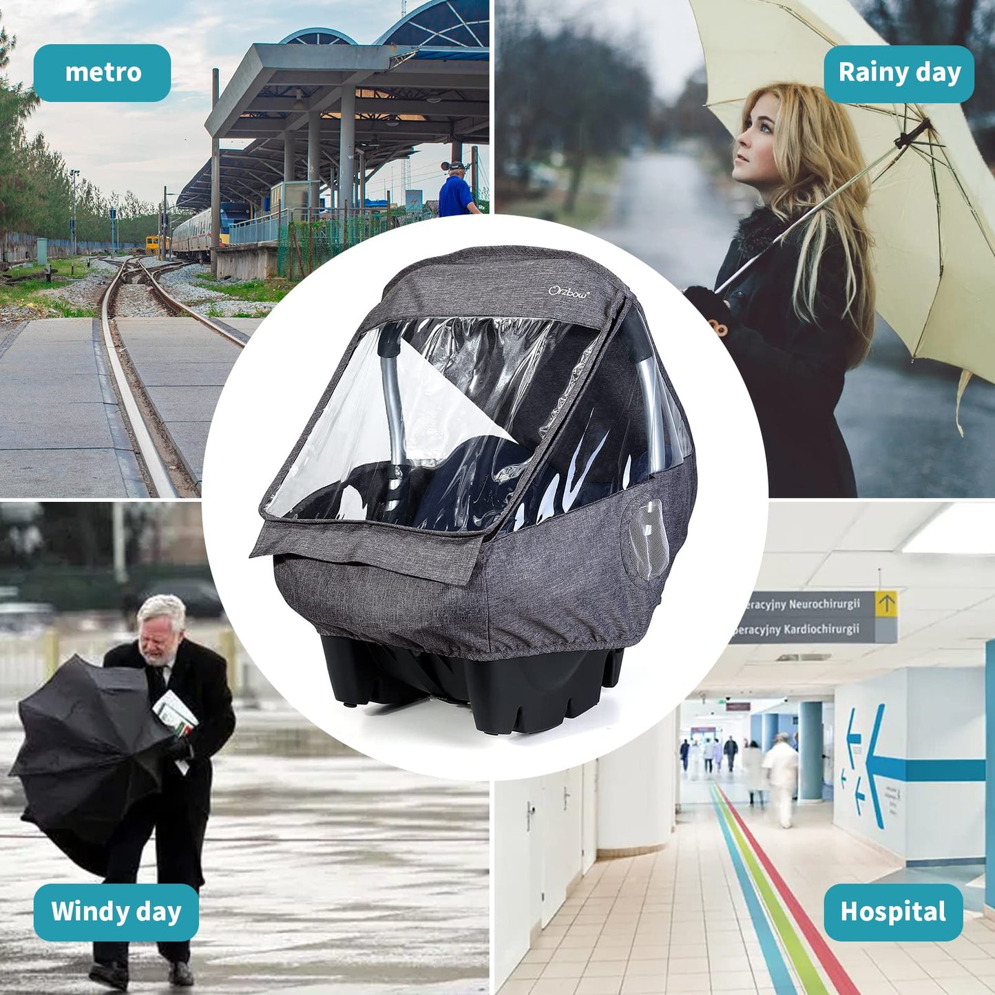 Universal Car Seat Rain Cover, Weather Shield for Infant Car Seat with Storage Bag, Side Ventilation & Handle Opening, Provides