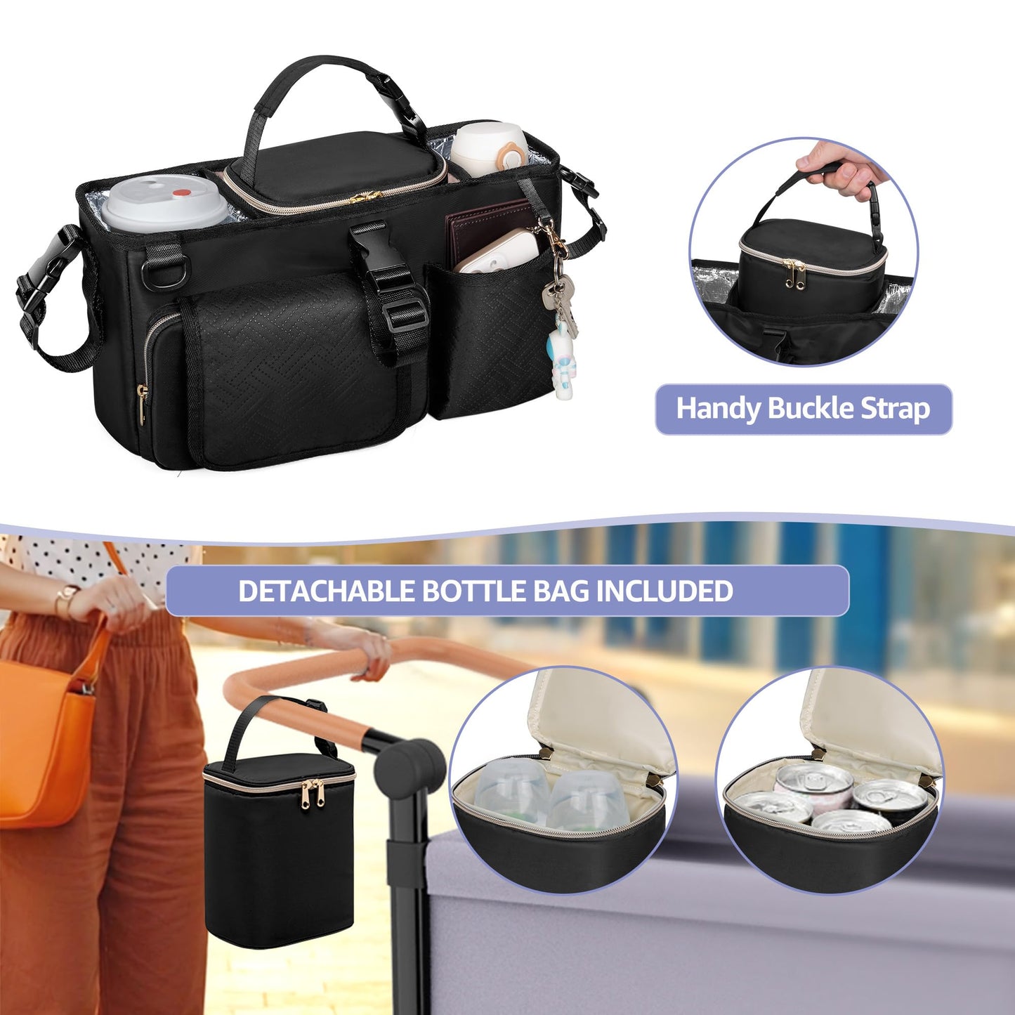 Prokva Parent Console Stroller Organizer Compatible With Wonderfold W2&W4&X, Wagon Stroller Caddy With 2 Insulated Cup Holders,
