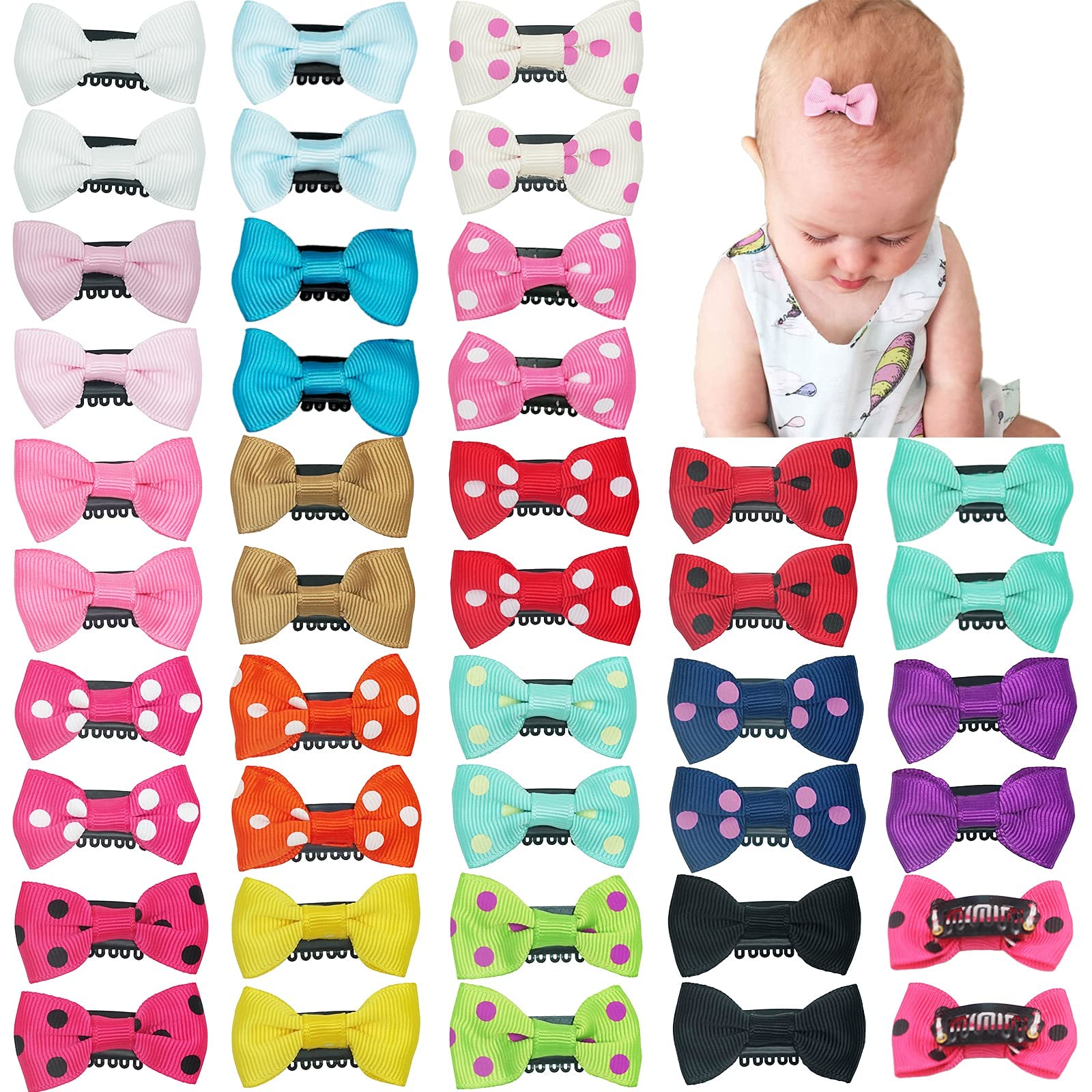 40Pcs Baby Girls Fine Hair Clips 1.75Inch Grosgrain Ribbon Hair Bows Snap Hair Clips Barrettes Handmade Hair Accessories For Gir