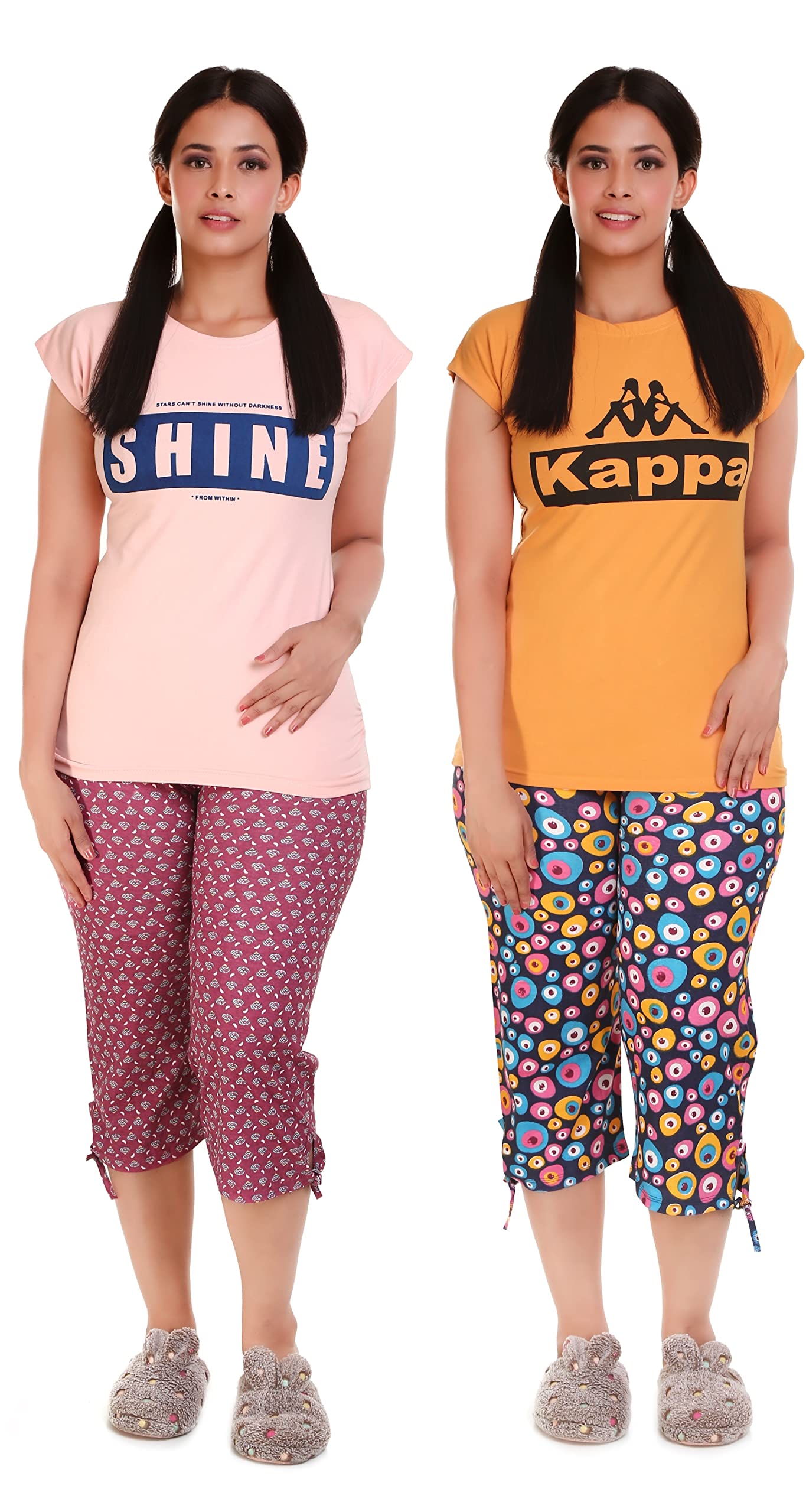 MUKHAKSH (Pack of 2 Sets = 2 Tops + 2 Capris Girls Printed Exxport Night Suit Tops + Capris 3/4, Print May Varyvery Comfortale M