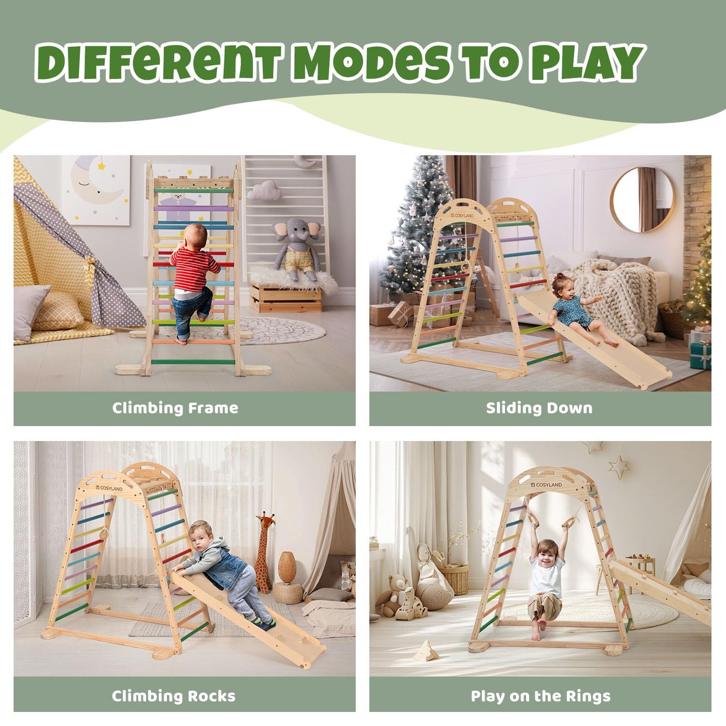 Cosyland Indoor Playground Jungle Gym Playset For Kids, 7 In 1 Climbing Toys For Toddlers With Slide And Beech Hanging Ring,Quic