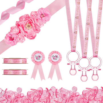 Konohan 53 Pcs Baby Shower Pacifiers Set Include Maternity Sash Pink Acrylic Pacifier It'S A Girl Ribbon Necklaces Mom And Dad T