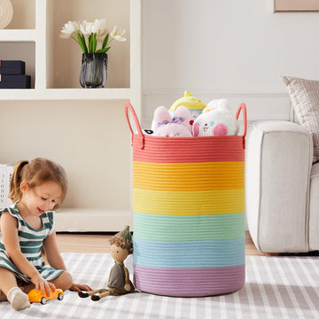 Mojoscend 80L Extra Large Rainbow Laundry Hamper Basket For Girls Kids Tall Unicorn Baby Nursery Hamper For Clothes Woven Roper