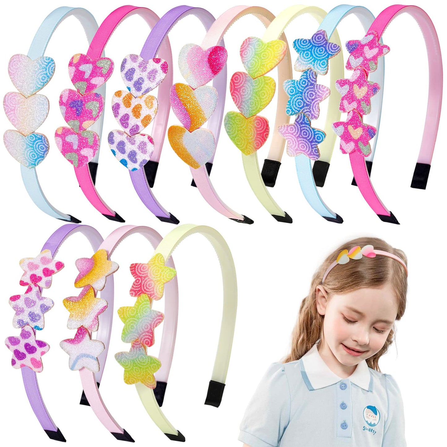 Fishdown Glitter Heart Headbands For Girls ,10Pcs Rainbow Star Hairband For Girls Kids Toddler,Rainbow Glitter Headband With Tee