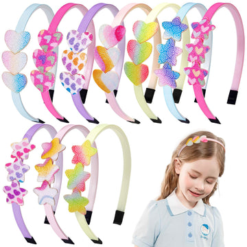 Fishdown Glitter Heart Headbands For Girls ,10Pcs Rainbow Star Hairband For Girls Kids Toddler,Rainbow Glitter Headband With Tee