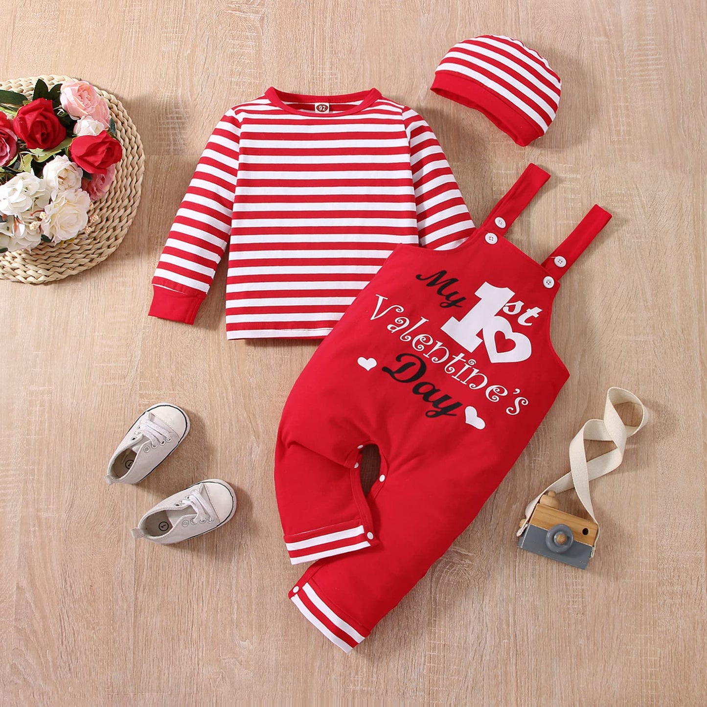 Vinuoker Baby Boy Spring Clothes My First Valentine'S Day Outfit Long Sleeve Stripe T-Shirt + Overalls + Hat Infant Cotton Outfi
