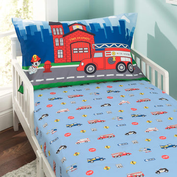 Everyday Kids Toddler Fitted Sheet And Pillowcase Set -Fire Police Rescue- Soft Breathable Microfiber Toddler Sheet Set