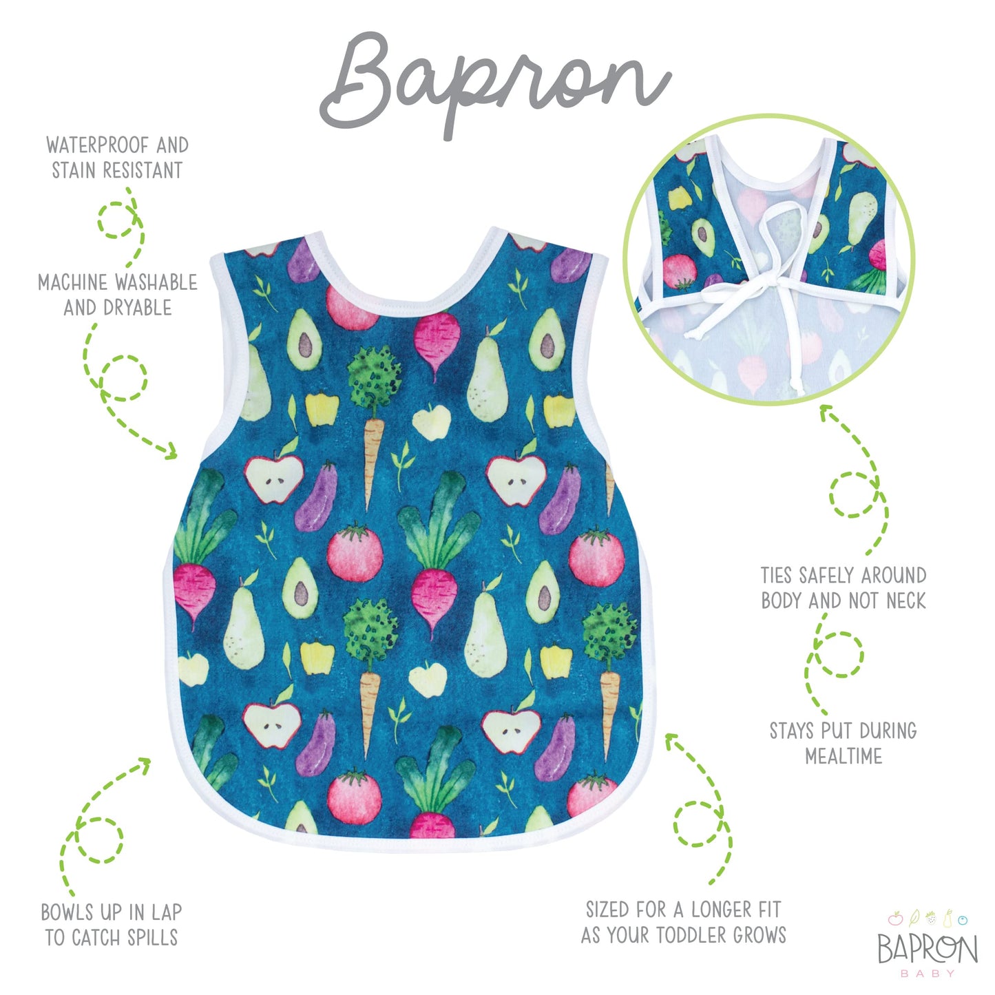 Bapronbaby Organic Produce Bapron - No Neck Tie Safer Bib For Baby & Toddler - Soft Waterproof Stain Resistant - Machine Washabl