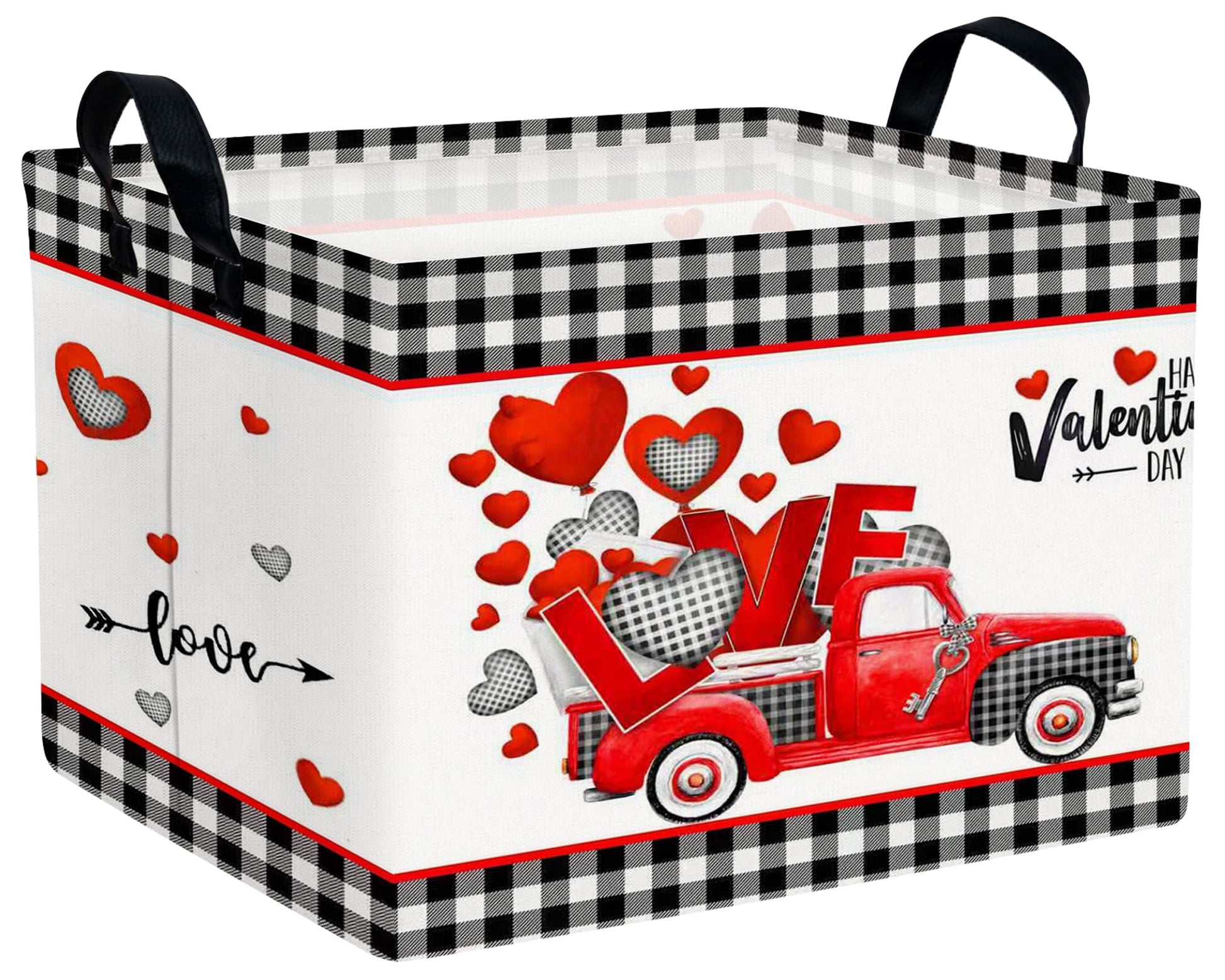 BOOHIT Valentines Day Basket for Kids Heart Shaped Empty Storage Bins for Gifts with Handles Room Decor (Black Checkered Red Tru