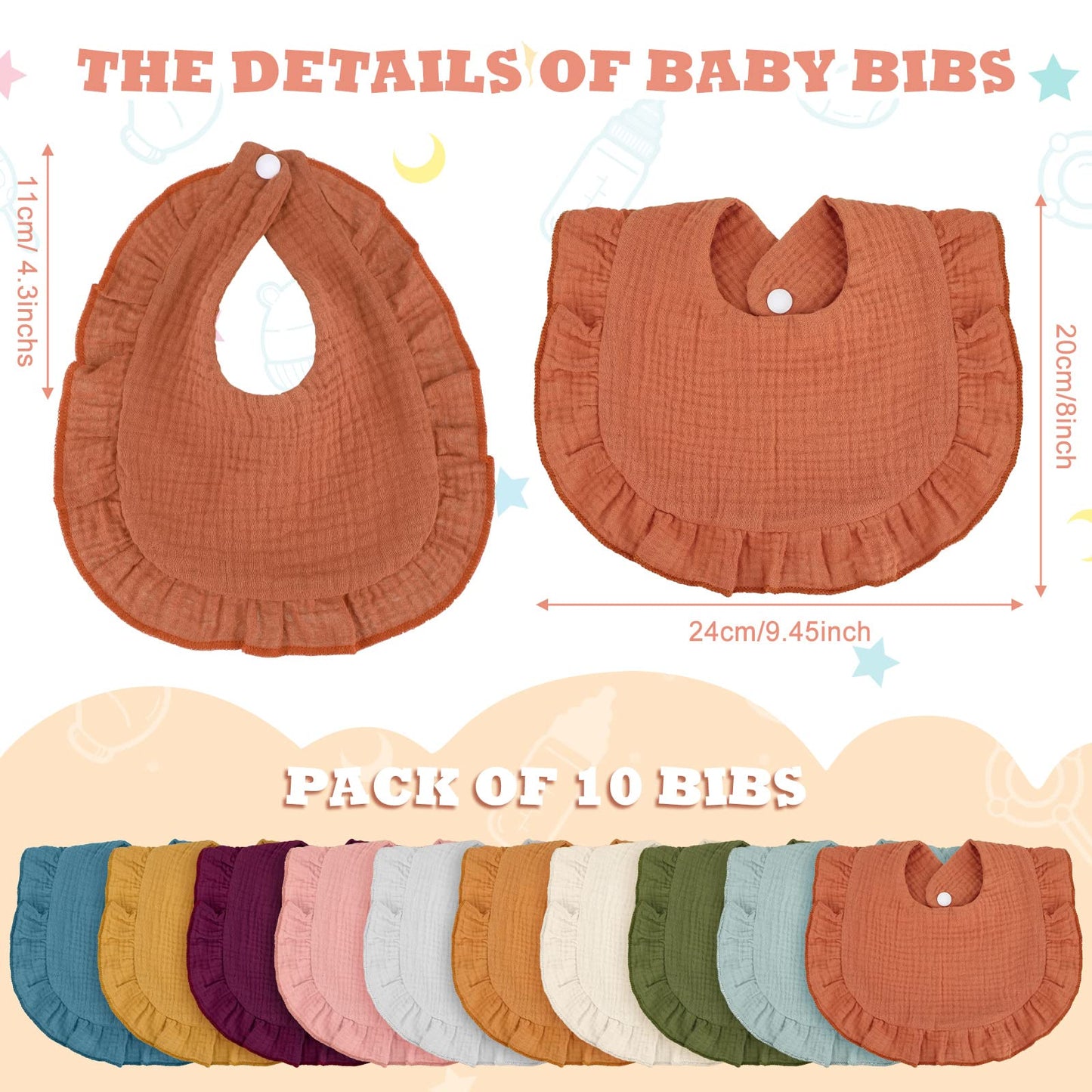 10 Pcs Baby Muslin Bibs Drool Bandana Soft Adjustable Baby Cotton Bibs For Newborn Baby Girl Boy Toddlers Infants Teething (Clas