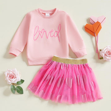 Lagkiyoj Toddler Girls Valentines Day Outfits Long Sleeve Letter Print/Embroidery Sweatshirt+Tulle Skirt Set Baby Clothes (Pink