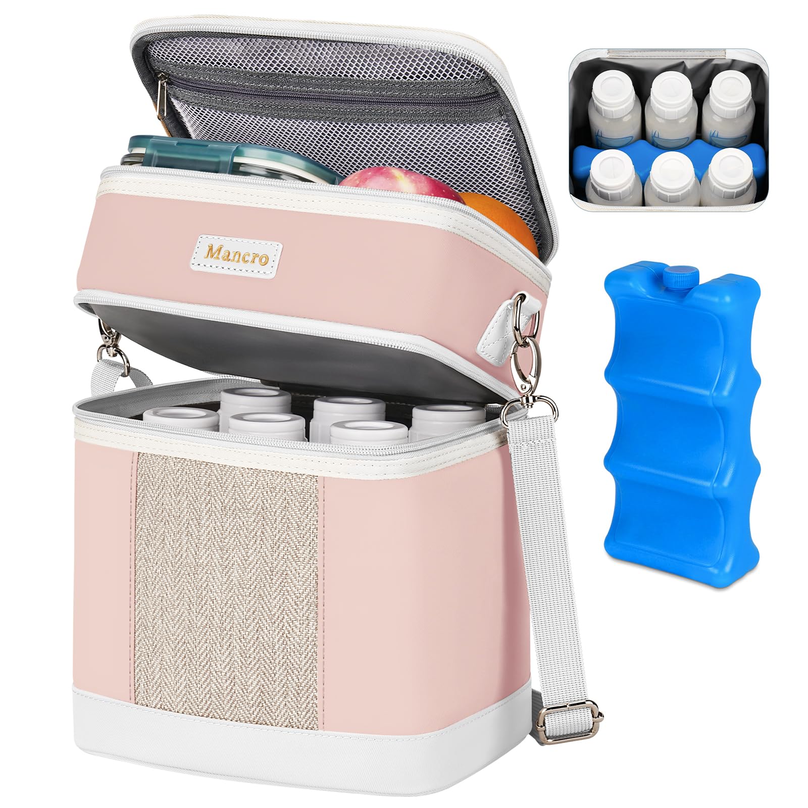 Mancro Breast Milk Cooler Travel Bag with Ice Pack, Double Layer Baby Bottle Cooler Bag Fits 6 Bottles Up to 9 Ounces,Insulated 