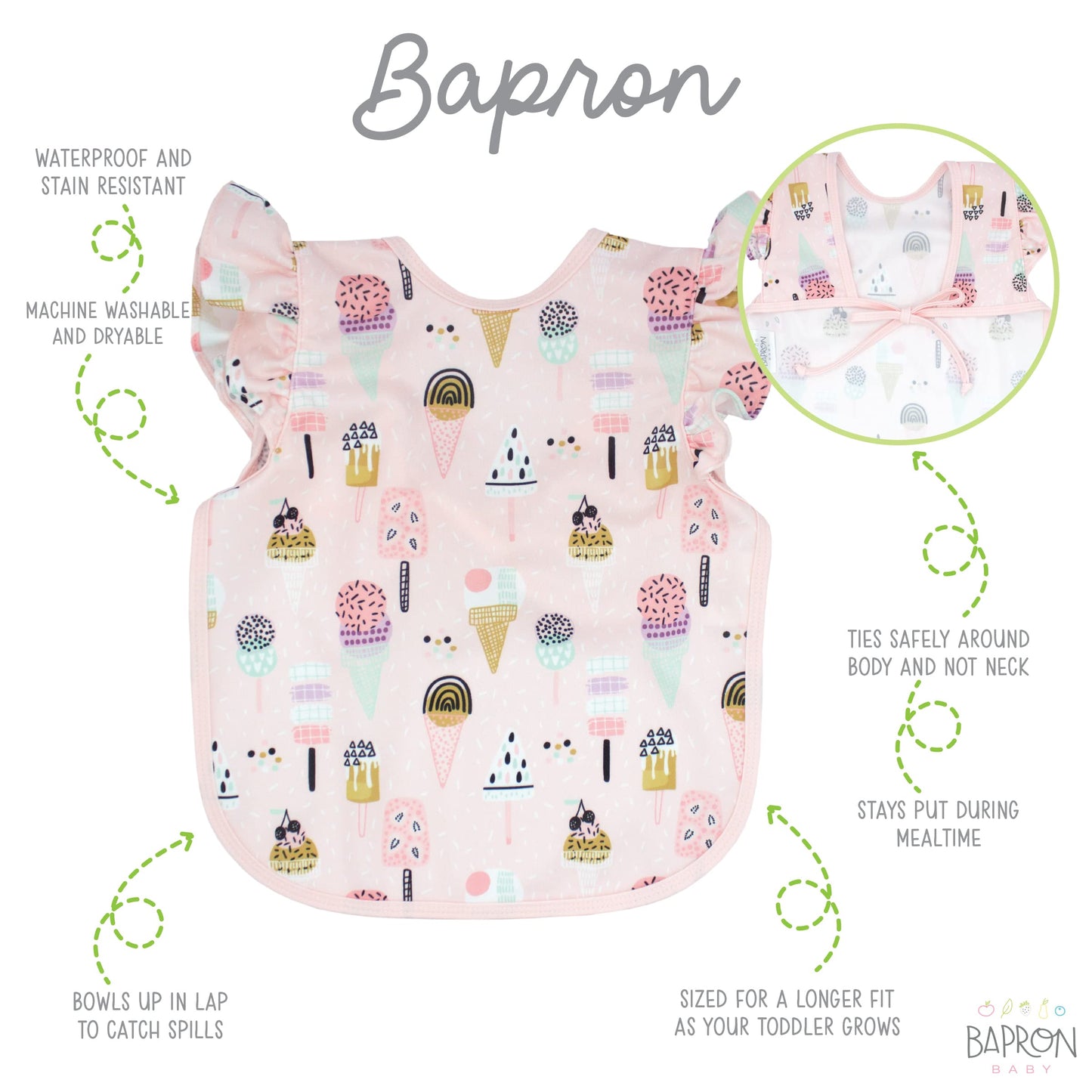 Bapronbaby Flutter Pink Ice Cream Bapron - No Neck Tie Safer Bib For Baby & Toddler - Soft Waterproof Stain Resistant - Machine