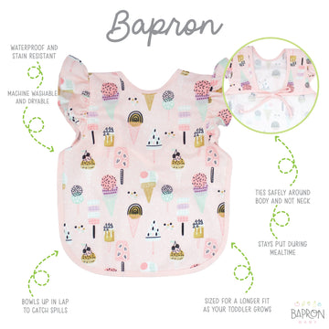 Bapronbaby Flutter Pink Ice Cream Bapron - No Neck Tie Safer Bib For Baby & Toddler - Soft Waterproof Stain Resistant - Machine