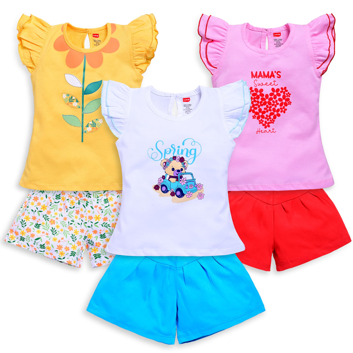 Luvlap Baby Girls Regular Fit 100% Cotton Half Sleeves Girls Top Cosets Pack Of 3, White, Baby Pink & Sunflower, 23 Years