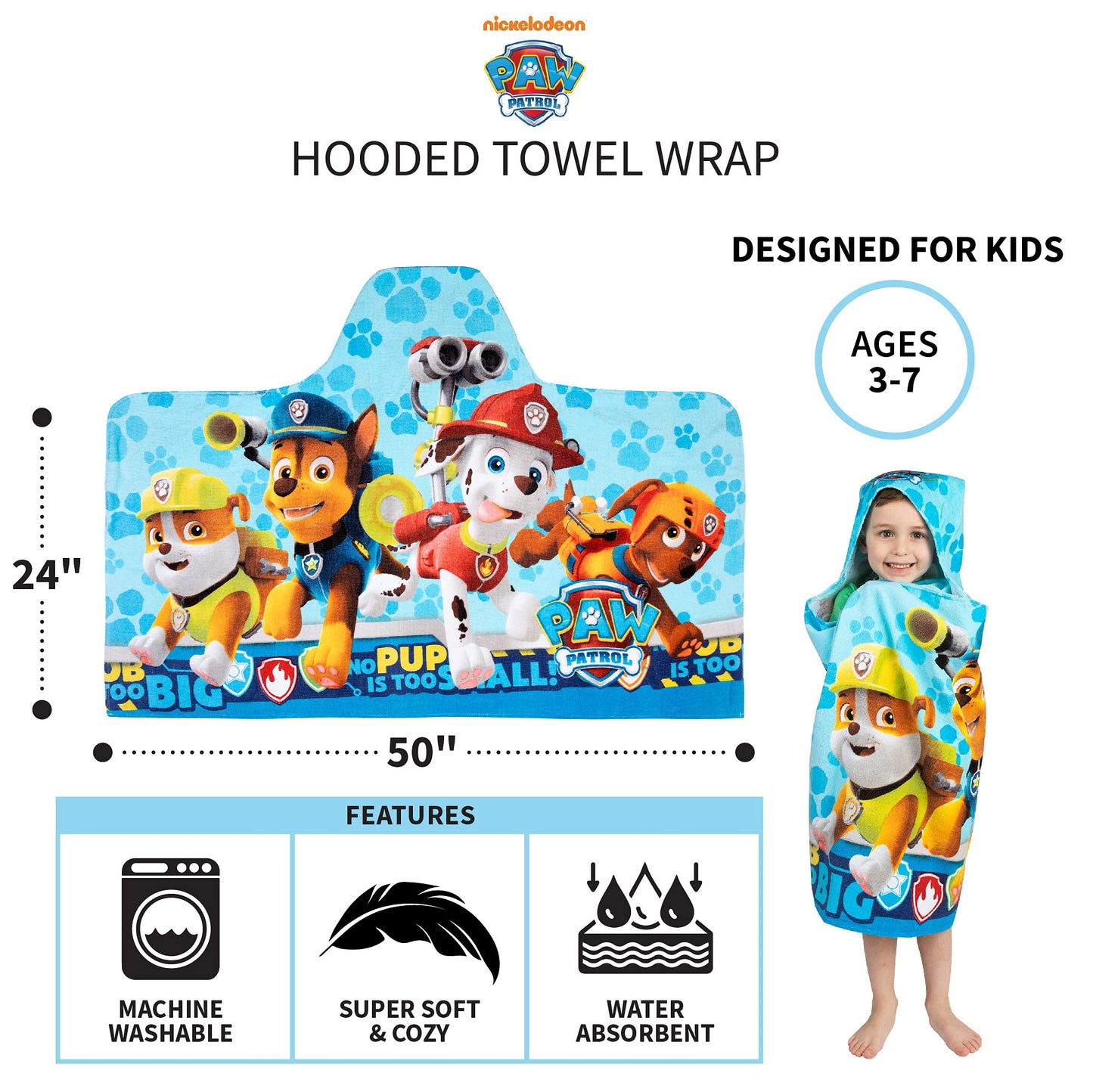 Franco Kids Bath And Beach Soft Cotton Terry Hooded Towel Wrap, 24' X 50', Paw Patrol Blue