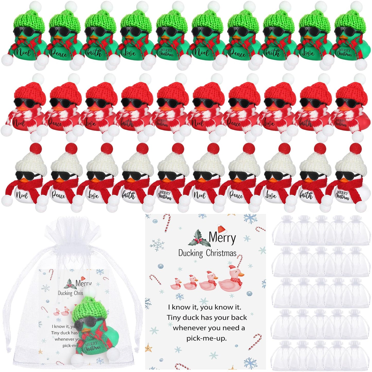 Lunmon 200 Pcs Christmas Party Favor 50 Pcs Merry Christmas Rubber Duck 2 Inch Sunglass Joy Green Red White Duck for Bath Pool 5