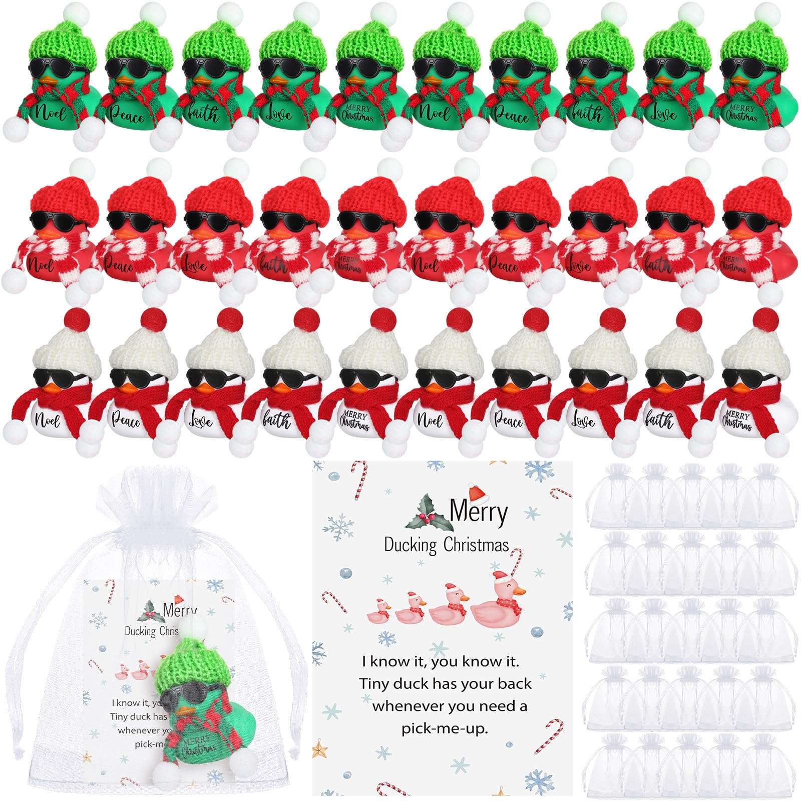 Lunmon 200 Pcs Christmas Party Favor 50 Pcs Merry Christmas Rubber Duck 2 Inch Sunglass Joy Green Red White Duck for Bath Pool 5