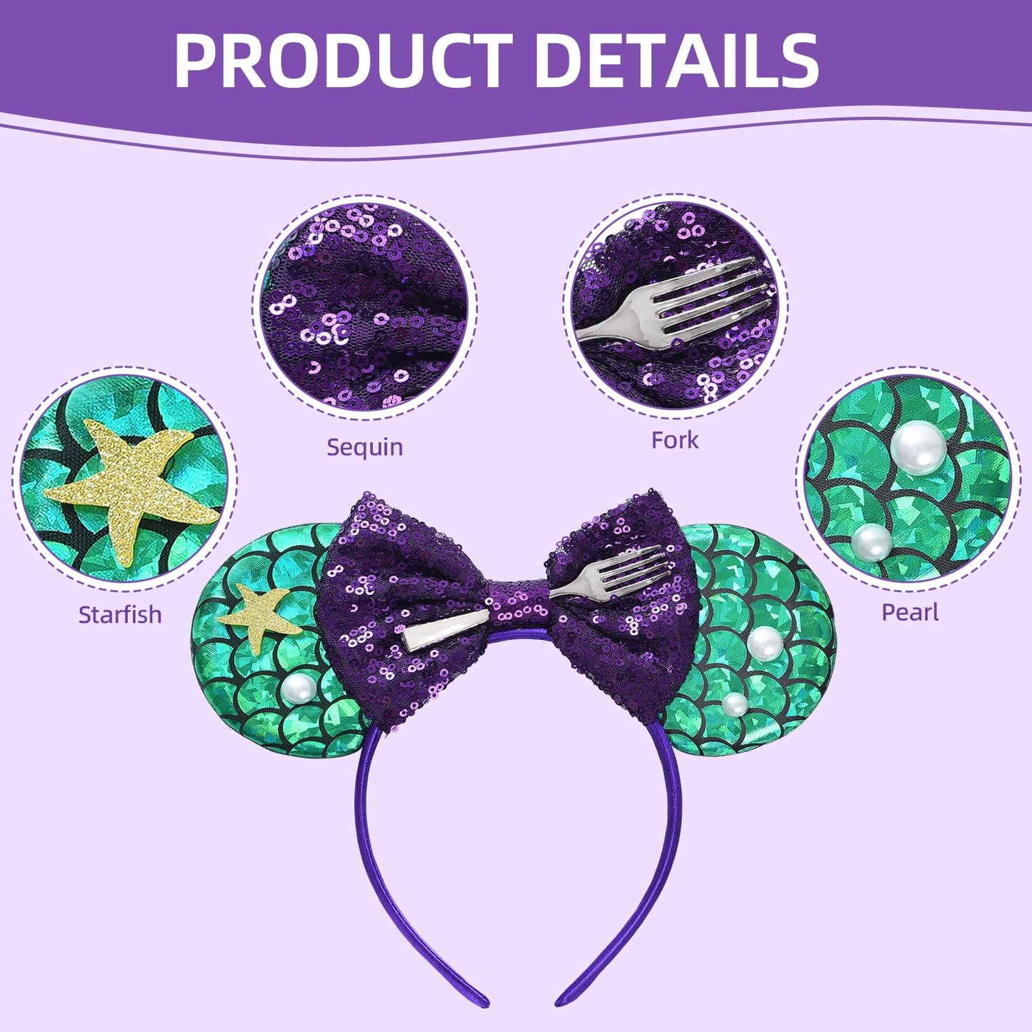 Seamoy Sequin Minnie Ears Headband,Mermaid Mouse Ears Hairband With Bow, Sparkle Rose Gold Classic Red Hair Accessory For Women