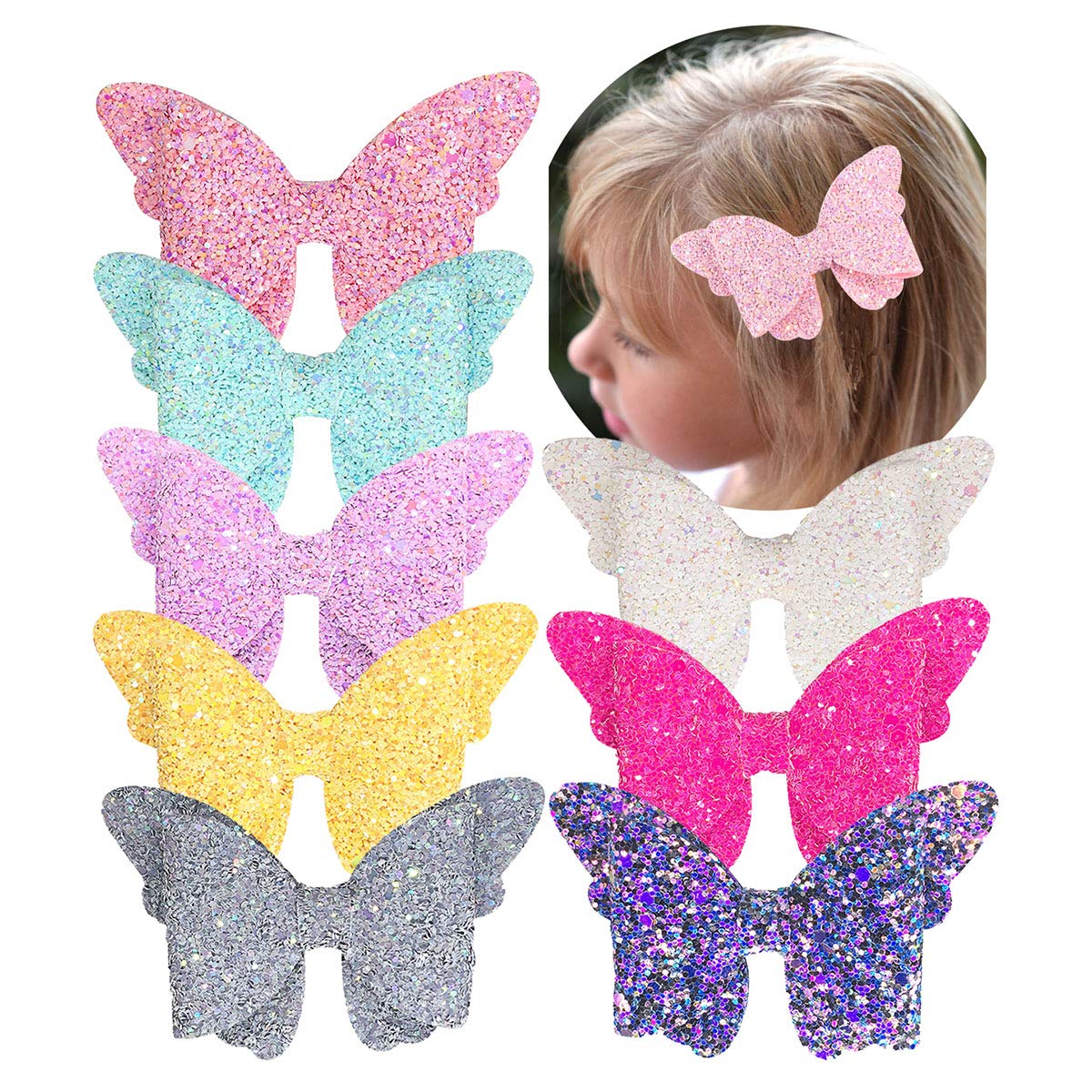 Yazon Baby Girls Glitter Bows Clips Sparkly Butterfly Bows Hair Clips For Toddler Kids Teens 8Pcs