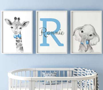 Personalized Safari Animals For Baby Boys Nursery Bedroom Unframed Set Of 3 Poster Prints, Personalized Name Blue Green Yellow B