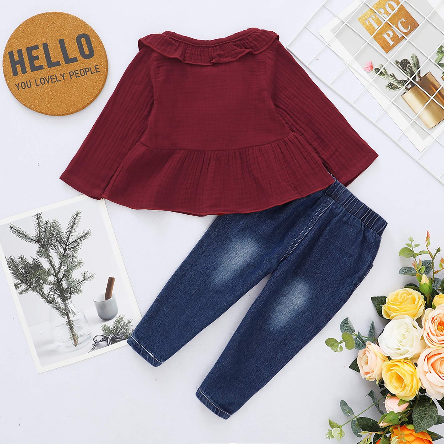 18 Months Girl Clothes 2T Toddler Baby Girl Outfits Ruffle Sleeve Top Blue Ripped Denim Jeans Boutique Baby Girl Clothes 18-24 M